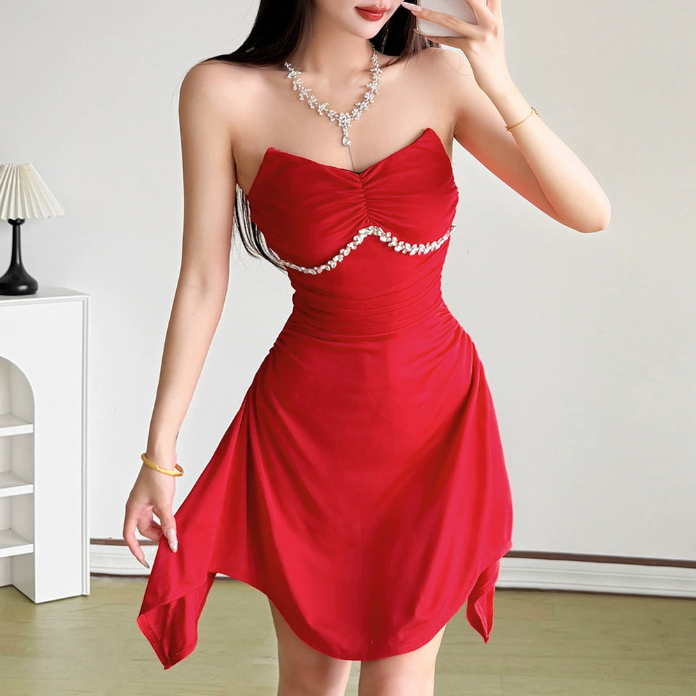 H&M Winter Strapless Rhinestone Waist Cinching Short Asymmetric Dress